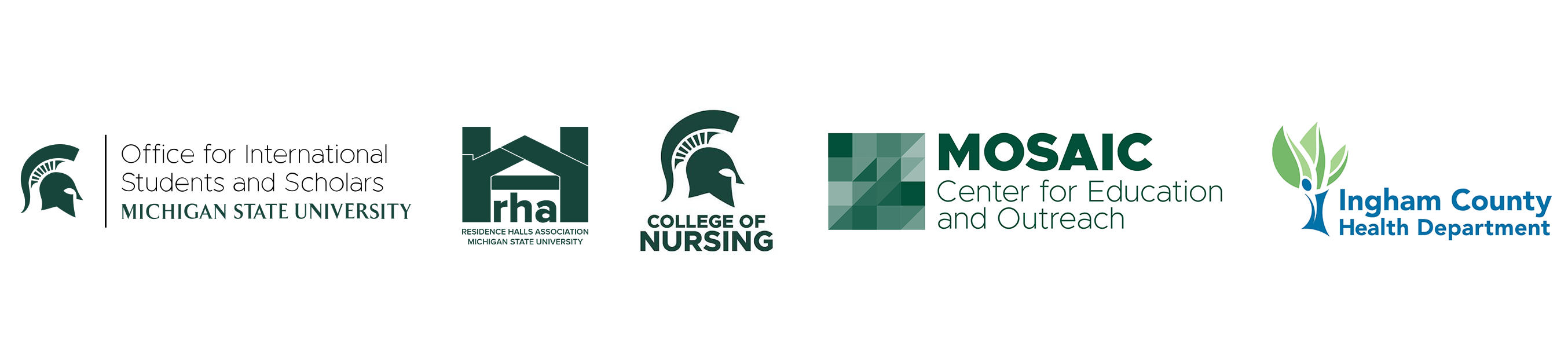 Logos for OISS, RHA, College of Nursing, MOSAIC and Ingham County Health Department